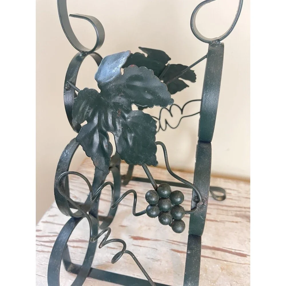 Vintage MCM Rustic Metal Ornate Grape Leaves 6 Wine Bottle Holder W/ Handle 14”